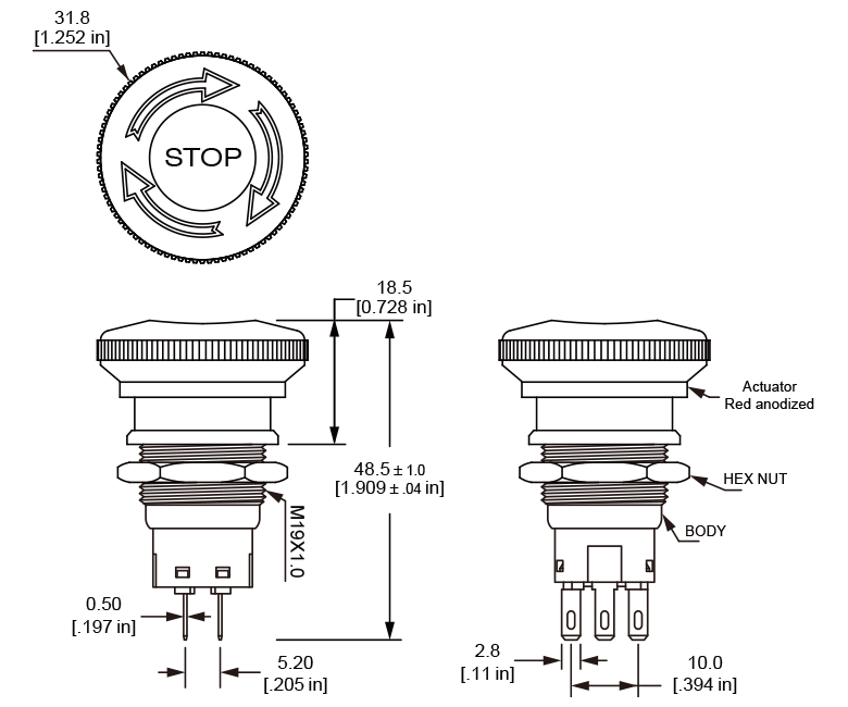 Langir ES19 Knurled Edge Emergency Stop Switch Design Drawings