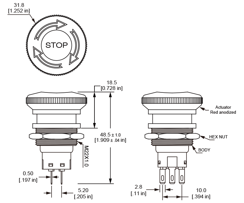 Langir ES22 knurled Edge Emergency Stop Switch Design Drawings