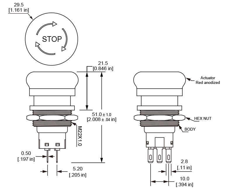 Langir ES22 Smooth Edge Emergency Stop Switch Design Drawings